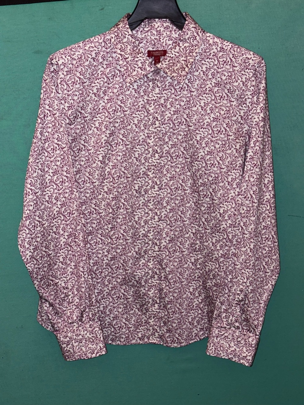 Talbots LS Stretch Cotton Button Up Filigree Scroll Print Blouse - size 12